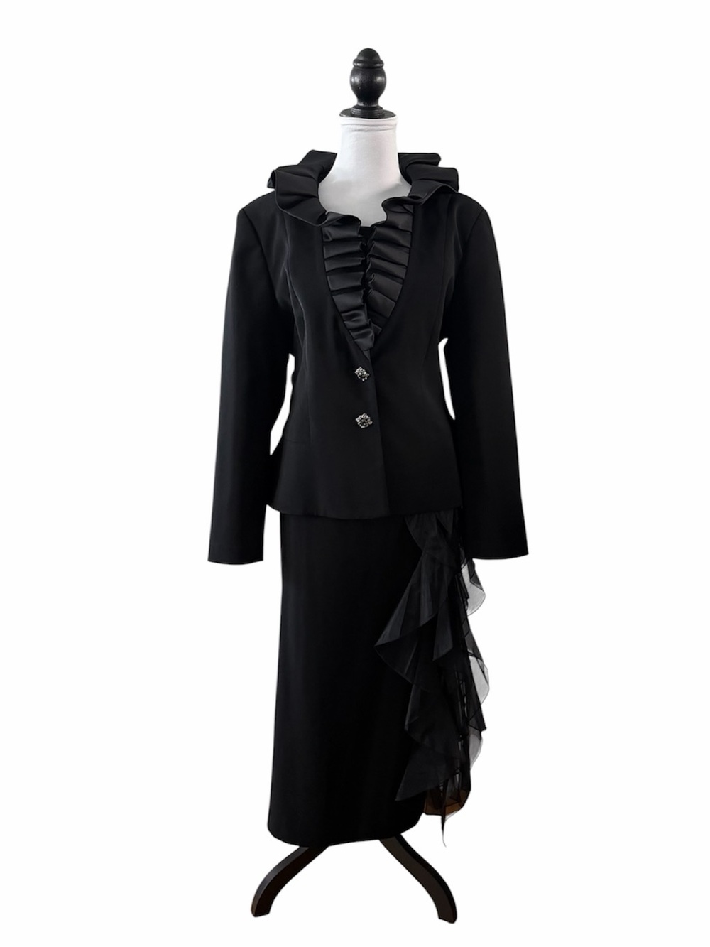 Louise Ricci Black 3pc Skirt Suit with Three Types of Ruffles, 16
